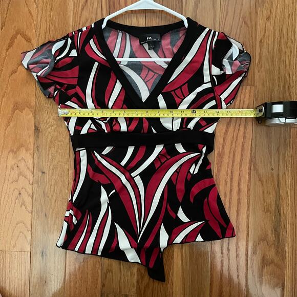 Y2K Babydoll Top Womens Small Faux Wrap Top w/ Split Sleeves Red Black Iz Byer - Picture 7 of 8